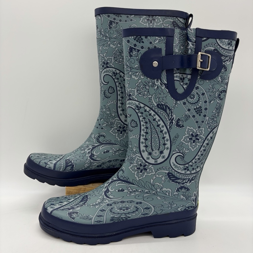 Western Chief Womens 8 Rubber Rain Boots Mid Calf Paisley Plains Navy Blue
